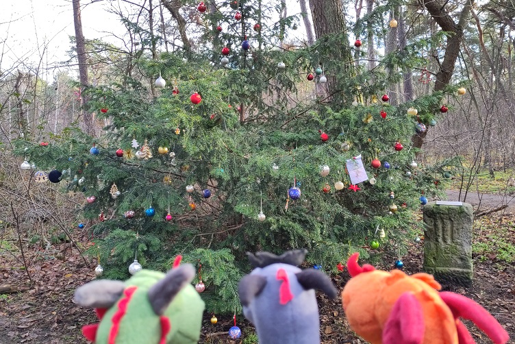 Paffina, Luna und Flora beim Weihnachtsbaum im Wald