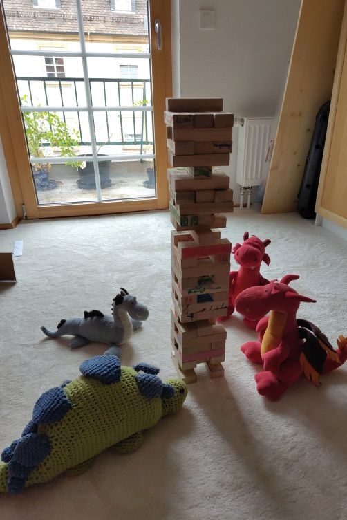 Saphira, Chilli, Ruby und Tapsor spielen Jenga