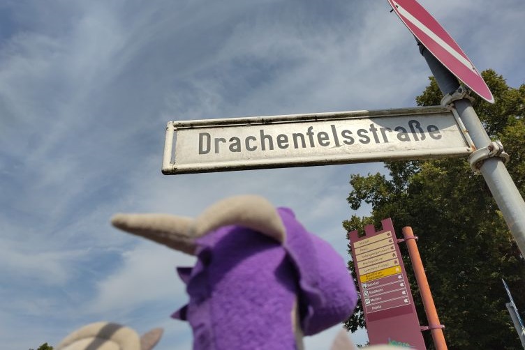 Violetta guckt auf das Straßenschild der Drachenfelsstraße