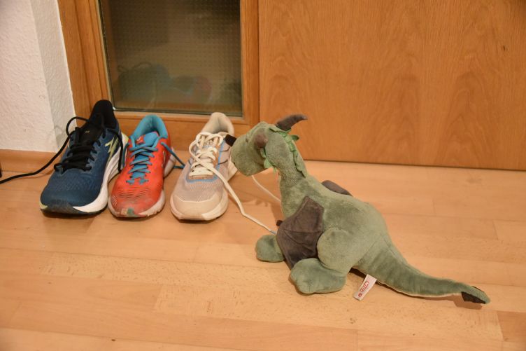 Grünling stellt drei Schuhe auf