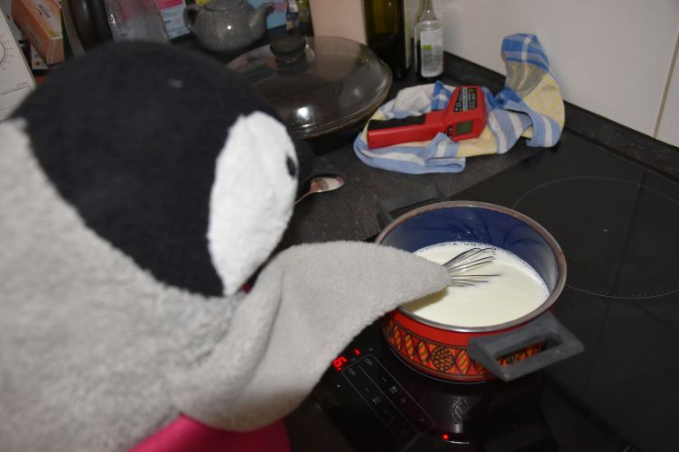 Lumi rührt das Puddingpulver in die Milch