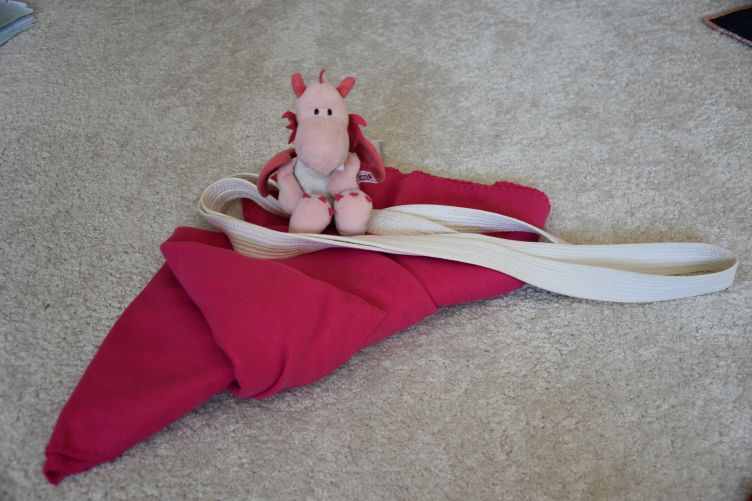 Bella kommt mit Kuscheldecke und Judogürtel