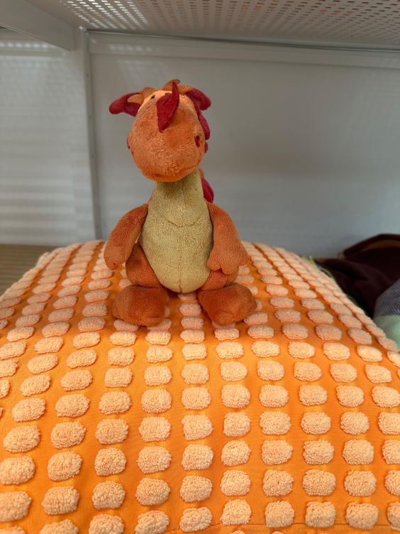 Paffina mit orangefarbenem Kissen