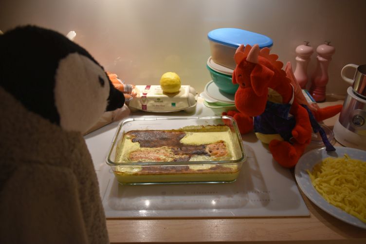 Rosa bereitet Lachs-Sahne-Gratin zu